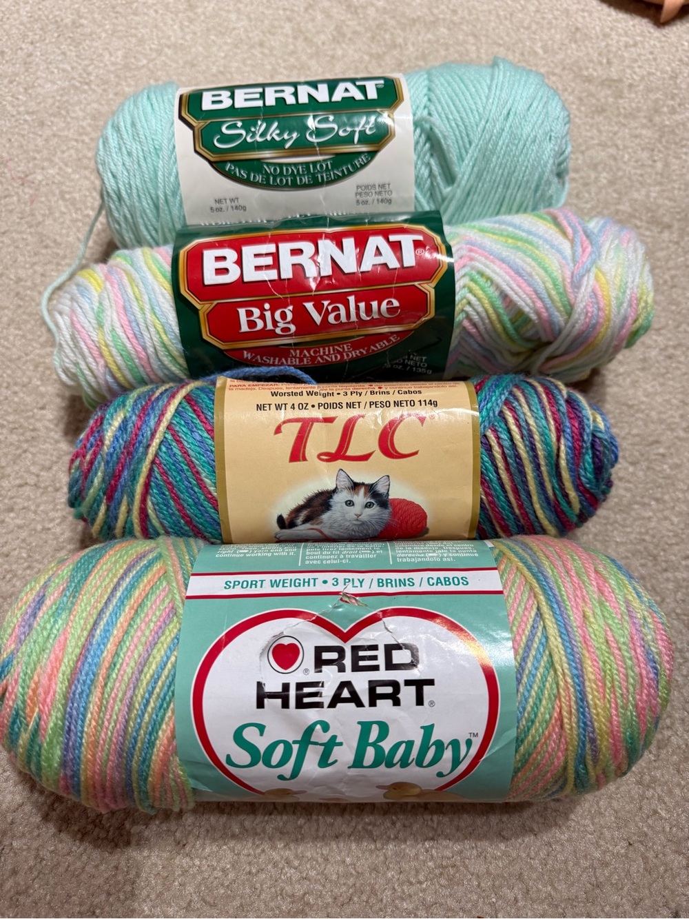 Bernat & Red Heart & TLC Acrylic Yarn Lot  - Pastel Multicolor & Mint . 4 Skeins